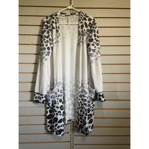 Tickled Teal Leopard Print Duster Cardigan Open Front Pockets XL